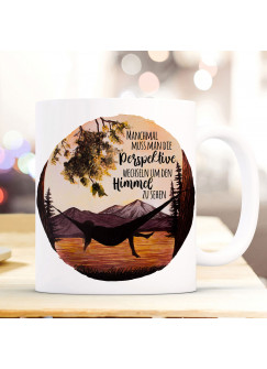 Tasse Becher campen am See Hängematte & Spruch Perspektive wechseln um Himmel sehen Kaffeebecher Geschenk Spruchbecher ts1006