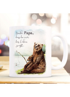 Tasse Becher Bär Bärenpapa Papa mit Junges angeln & Spruch Danke Papa,... Kaffeebecher Geschenk Spruchbecher ts1009