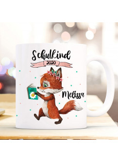 Tasse Becher Fuchs mit Buch Geschenk Schulstart mit Punkte Name Wunschnamen & Spruch Schulkind Wunschjahr ts1027