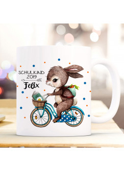 Tasse Becher Hase auf Fahrrad Geschenk Schulstart mit Punkte Name Wunschnamen & Spruch Schulkind 2019 ts1028