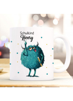 Becher Tasse zum Schulanfang Monster Punkte Spruch Schulkind Wunschname Kinderbecher Geschenk zum Schulstart ts1030