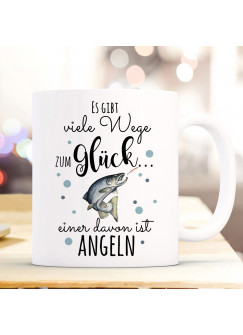 Tasse Becher Kaffeetasse Kaffeebecher mit Fisch Lachs Forelle & Spruch viele Wege zum Glück...  einer davon ist angeln ts1033