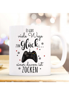 Tasse Becher Kaffeetasse Kaffeebecher mit Controller Controllpad & Spruch viele Wege zum Glück...  einer davon ist zocken ts1035