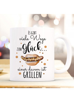 Tasse Becher Kaffeetasse Kaffeebecher mit Bratwurst im Brötchen & Spruch viele Wege zum Glück...  einer davon ist grillen ts1036