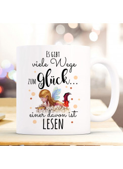 Tasse Becher Kaffeetasse Kaffeebecher Elfe Fee mit Buch & Spruch viele Wege zum Glück...  einer davon ist lesen ts1039