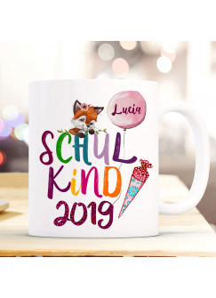 Tasse Becher zur Einschulung Geschenk Schulstart Fuchs Fuchsmädchen Schultüte Schulkind mit Wunschname + Jahr der Einschulung ts1049