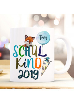 Tasse Becher zur Einschulung Geschenk Schulstart Fuchs Fuchsjunge Schultüte Schulkind mit Wunschname + Jahr der Einschulung ts1051