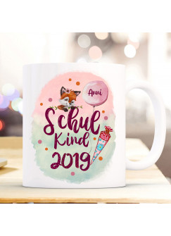 Tasse Becher zum Schulanfang Schulstart Fuchs Fuchsmädchen Schultüte bunte Punkte Schulkind Wunschname + Jahr der Einschulung ts1053