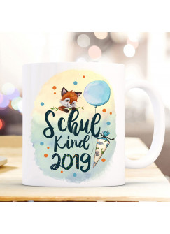 Becher Tasse zum Schulanfang Geschenk Schulstart Fuchs Junge Schultüte bunte Punkte Spruch Schulkind mit Jahr der Einschulung ts1054