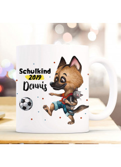 Tasse Becher zur Einschulung Hund Schäferhund mit Fußball Wunschnamen & Jahr der Einschulung bedruckt Kinderbecher Geschenk ts1061