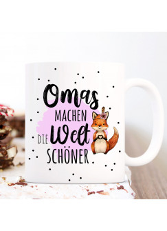 Tasse Becher mit Spruch Omas machen die Welt schöner & Fuchs Herz pink Motiv Kaffeebecher Geschenk Spruchbecher ts1063