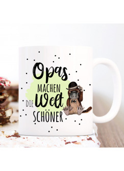 Tasse Becher mit Spruch Opas machen die Welt schöner & Schnabeltier Hut grün Motiv Kaffeebecher Geschenk Spruchbecher ts1064