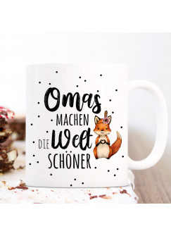 Tasse Becher mit Spruch Omas machen die Welt schöner & Fuchs Herz Motiv Kaffeebecher Geschenk Spruchbecher ts1065