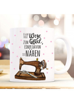 Tasse Becher Kaffeetasse Kaffeebecher mit Nähmaschine Punkte & Spruch viele Wege zum Glück. Einer davon ist nähen ts1069