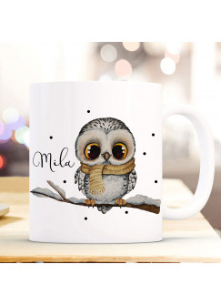 Tasse Becher Eule Eulchen auf Ast Zweig Motiv mit Wunschname Name individuell Kaffeebecher Kaffeetasse Geschenk ts1082