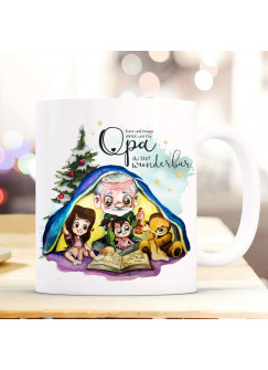 Tasse Becher mit Spruch Opa du bist wunderbar & Enkel Kinder Teddybär Opi Geschichtenerzähler Buch Motiv Kaffeebecher Geschenk Spruchbecher ts1083