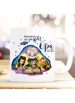 Tasse Becher mit Spruch Opa perfekt & Enkel Kinder Teddybär Opi Geschichtenerzähler Buch Motiv Kaffeebecher Geschenk Spruchbecher ts1084