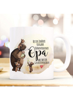 Tasse Becher mit Spruch Bester Zuhörer Opa mit Hintergrund & Bär Opabär Bärenkinder Enkel Kinder Herz Motiv Kaffeebecher Geschenk ts1085