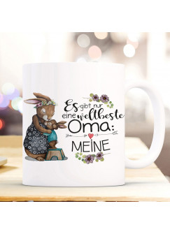 Tasse Becher mit Spruch weltbeste Oma Meine & Hase Omi Omahase Hasenkinder Enkel Kinder Motiv Kaffeebecher Geschenk ts1089