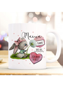 Tasse Becher Hase Häschen mit Pusteblume & Spruch Danke Mama dass du immer für mich da bist Kaffeebecher Geschenk ts1144