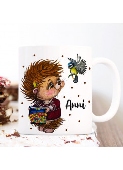 Tasse Becher Kaffeetasse Igel mit Vogel & Name Wunschname Kaffeebecher Geschenk Spruchbecher ts1163