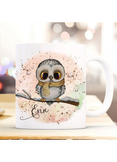 Tasse Becher Eule Eulchen auf Ast rosa Hintergrund mit Wunschname Name individuell Kaffeebecher Kaffeetasse Geschenk ts1166