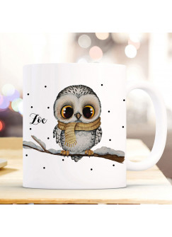 Tasse Becher Eule Eulchen auf Ast Zweig Motiv mit Wunschname Name individuell Kaffeebecher Kaffeetasse Geschenk ts1171
