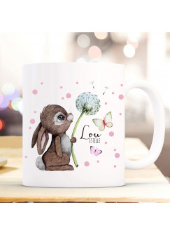 Tasse Becher Hase Häschen Pusteblume Schmetterlinge rosa Punkte & Wunschname Name Kaffeebecher Kaffeetasse Geschenk ts1173