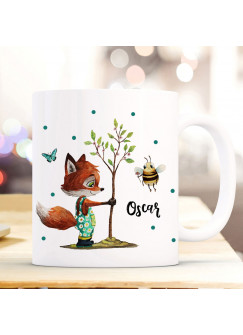 Tasse Becher Fuchs pflanzt Baum mit Biene & Wunschname Name Kaffeebecher Kaffeetasse Geschenk ts1174