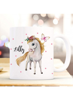 Tasse Becher Pferd Pferdchen Schmetterling & Wunschname Name Kaffeebecher Kaffeetasse Geschenk ts1176