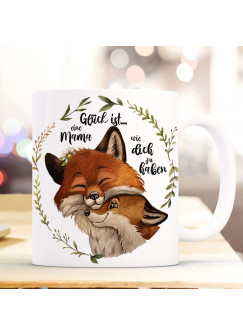 Tasse Becher Fuchsmama Fuchs Mama Füchschen Waldkranz & Spruch Glück ist eine Mama zu haben Kaffeebecher Teetasse Geschenk ts1177