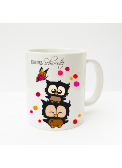 Tasse Becher Kaffeetasse Kaffeebecher Kindertasse Kinderbecher Eulen Eulchen mit Konfetti und Schmetterling Lieblingsschwester cup mug kids cup kids mug coffee cup coffee mug owls little owls with confetti and butterfly favourite sister ts138