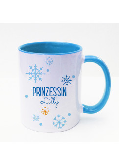 Tasse Becher Kaffeetasse Kaffeebecher Kindertasse Kinderbecher Prinzessin Lilly mit Schneeflocken Schneekristalle und Wunschname in blau cup mug kids cup kids mug coffee cup coffee mug saying princess Lilly with snowflakes snow crystals and desired name i