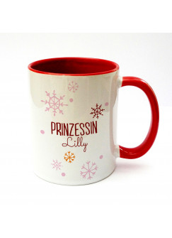 Tasse Becher Kaffeetasse Kaffeebecher Kindertasse Kinderbecher Prinzessin Lilly mit Schneeflocken Schneekristalle und Wunschname in rot cup mug kids cup kids mug coffee cup coffee mug saying princess Lilly with snowflakes snow crystals and desired name in