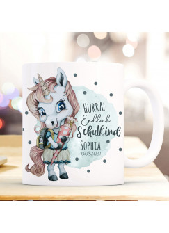 Tasse Becher Schulanfang Schulstart Einhorn Mädchen blau Schultüte Spruch Hurra endlich Schulkind Name + Jahr ts2013