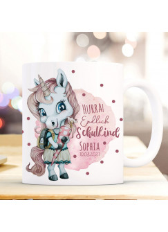 Tasse Becher Schulanfang Schulstart Einhorn Mädchen rosa pink Schultüte Spruch Hurra endlich Schulkind Name + Jahr ts2014