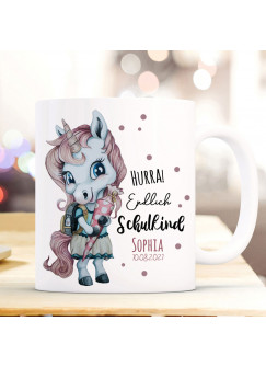 Tasse Becher zum Schulanfang Schulstart Einhorn Mädchen rosa Schultüte Spruch Hurra endlich Schulkind Name + Jahr ts2015