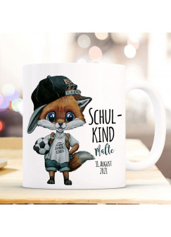 Tasse Becher zum Schulanfang Schulstart Fuchs Fußball Junge Schulkind mit Wunschname + Jahr der Einschulung ts2016