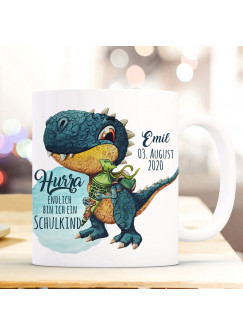 Tasse Becher zum Schulanfang Schulstart Dino T-Rex Schultüte Spruch Hurra endlich Schulkind mit Wunschname + Jahr der Einschulung ts2022