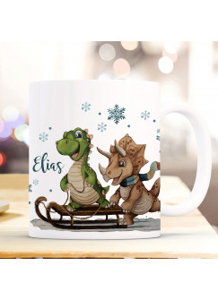 Tasse Kaffeetasse Becher Dinosaurier Dinos auf Schlitten mit Wunschname Name Kaffeebecher Teetasse Geschenk ts2033