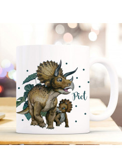 Tasse Kaffeetasse Becher Dinosaurier Dino Triceratops & Junges mit Wunschname Name Kaffeebecher Teetasse Geschenk ts2035
