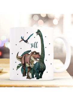 Tasse Kaffeetasse Becher Dinosaurier Dino Dinos T-Rex Flugsaurier Brontosaurus mit Wunschname Name Kaffeebecher Teetasse Geschenk ts2036