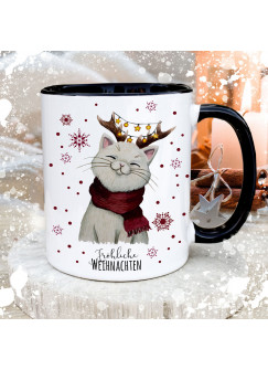 Tasse Becher mit Spruch Fröhliche Weihnachten & Katze Kätzchen mit Geweih Motiv Kaffeebecher Geschenk Spruchbecher ts2037