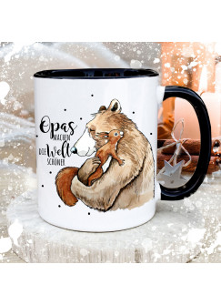 Tasse Becher mit Spruch Opas machen die Welt schöner & Bär Eichhörnchen Kaffeebecher Geschenk Spruchbecher ts2043