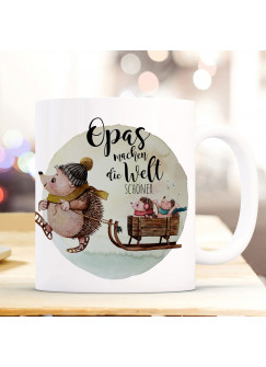 Tasse Becher mit Spruch Opas machen die Welt schöner & Igel mit Schlitten Kaffeebecher Geschenk Spruchbecher ts2048