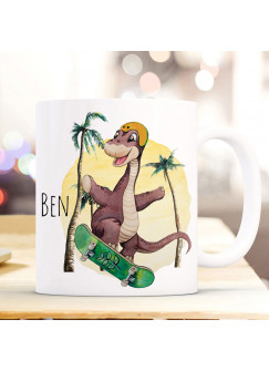 Tasse Kaffeetasse Becher Dinosaurier Dino Skateboarder Skater mit Wunschname Name Kaffeebecher Teetasse Geschenk ts2049