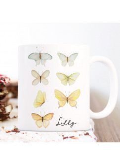 Tasse Kaffeetasse Becher Schmetterlinge zartgelb gelb mit Wunschname Name Kaffeebecher Teetasse Geschenk ts2059