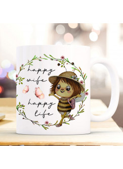 Tasse Emaille Becher Kissen Biene Bienchen Bienenmädchen mit Hut Spruch happy wife happy life Motiv Kaffeebecher Kaffeetasse Geschenk Bundle53 ts2062 eb664 ks356