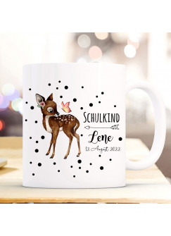 Einschulungskerze Kerze Tasse zum Schulanfang zur Einschulung Schulkind Reh Rehlein deer Wunschname Datum Bundle59 wk240 ts2103