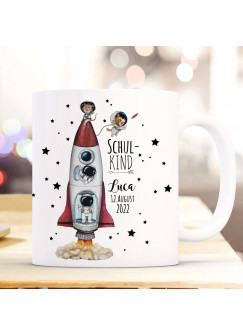 Einschulungskerze Kerze Tasse zum Schulanfang zur Einschulung Schulkind Rakete Weltraum Astronaut Wunschname Datum Bundle61 wk239 ts2105